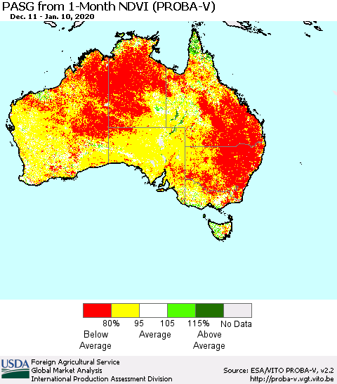 Australia PASG from 1-Month NDVI (PROBA-V) Thematic Map For 1/1/2020 - 1/10/2020