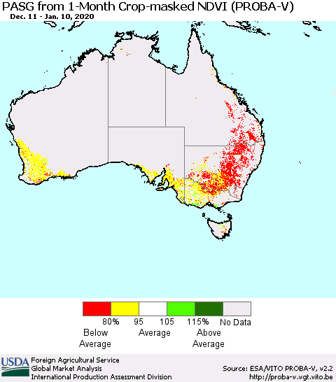 Australia PASG from 1-Month Crop-masked NDVI (PROBA-V) Thematic Map For 1/1/2020 - 1/10/2020