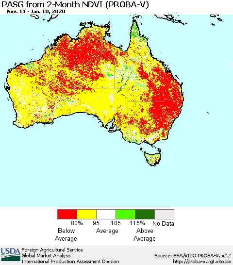 Australia PASG from 2-Month NDVI (PROBA-V) Thematic Map For 1/1/2020 - 1/10/2020