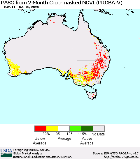 Australia PASG from 2-Month Crop-masked NDVI (PROBA-V) Thematic Map For 1/1/2020 - 1/10/2020