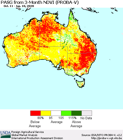Australia PASG from 3-Month NDVI (PROBA-V) Thematic Map For 1/1/2020 - 1/10/2020