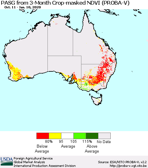 Australia PASG from 3-Month Crop-masked NDVI (PROBA-V) Thematic Map For 1/1/2020 - 1/10/2020