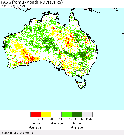 Australia PASG from 1-Month NDVI (VIIRS) Thematic Map For 5/1/2021 - 5/8/2021