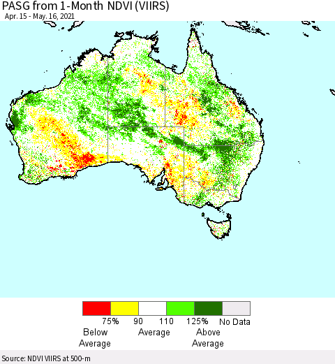 Australia PASG from 1-Month NDVI (VIIRS) Thematic Map For 5/9/2021 - 5/16/2021