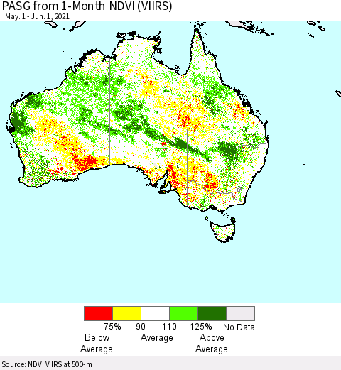 Australia PASG from 1-Month NDVI (VIIRS) Thematic Map For 5/25/2021 - 6/1/2021