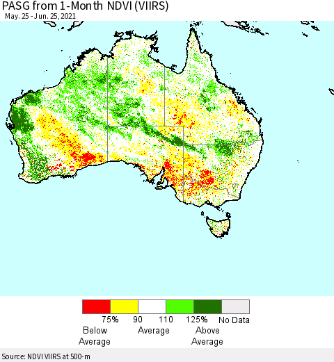 Australia PASG from 1-Month NDVI (VIIRS) Thematic Map For 6/18/2021 - 6/25/2021