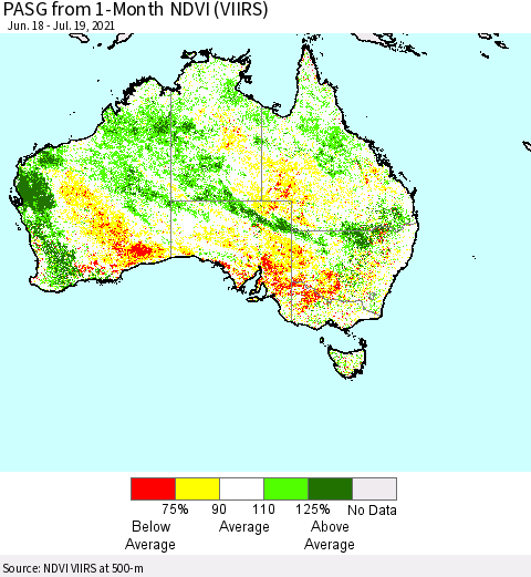 Australia PASG from 1-Month NDVI (VIIRS) Thematic Map For 7/12/2021 - 7/19/2021