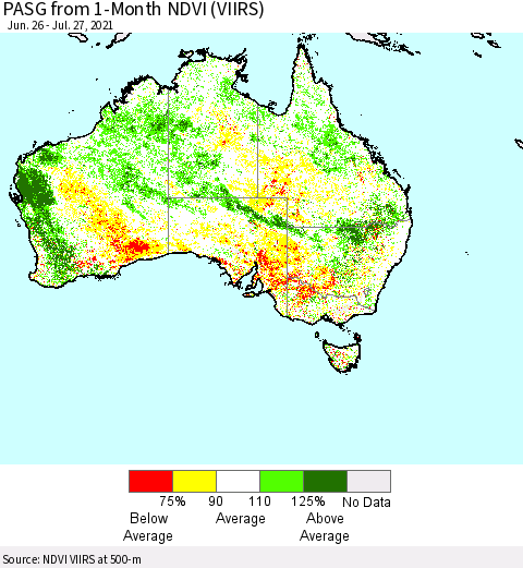Australia PASG from 1-Month NDVI (VIIRS) Thematic Map For 7/20/2021 - 7/27/2021
