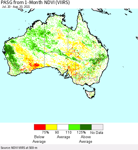 Australia PASG from 1-Month NDVI (VIIRS) Thematic Map For 8/13/2021 - 8/20/2021