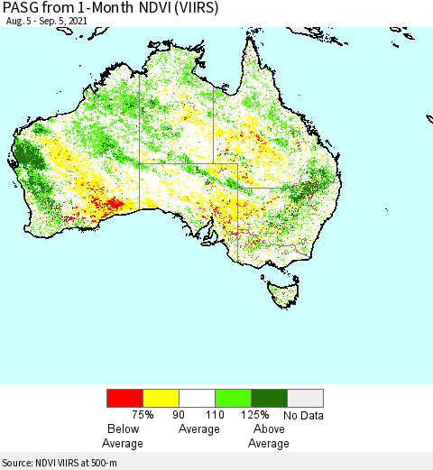 Australia PASG from 1-Month NDVI (VIIRS) Thematic Map For 8/29/2021 - 9/5/2021