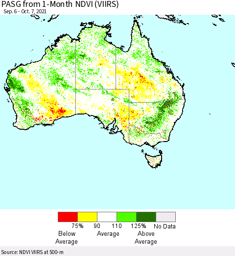 Australia PASG from 1-Month NDVI (VIIRS) Thematic Map For 9/30/2021 - 10/7/2021