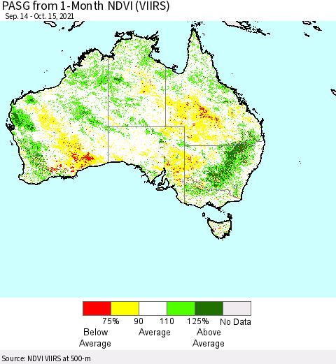 Australia PASG from 1-Month NDVI (VIIRS) Thematic Map For 10/8/2021 - 10/15/2021