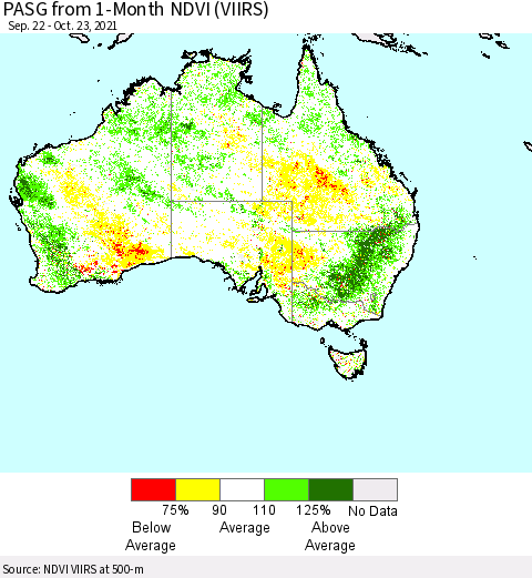 Australia PASG from 1-Month NDVI (VIIRS) Thematic Map For 10/16/2021 - 10/23/2021