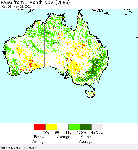 Australia PASG from 1-Month NDVI (VIIRS) Thematic Map For 11/9/2021 - 11/16/2021