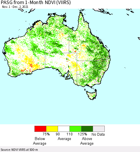 Australia PASG from 1-Month NDVI (VIIRS) Thematic Map For 11/25/2021 - 12/2/2021
