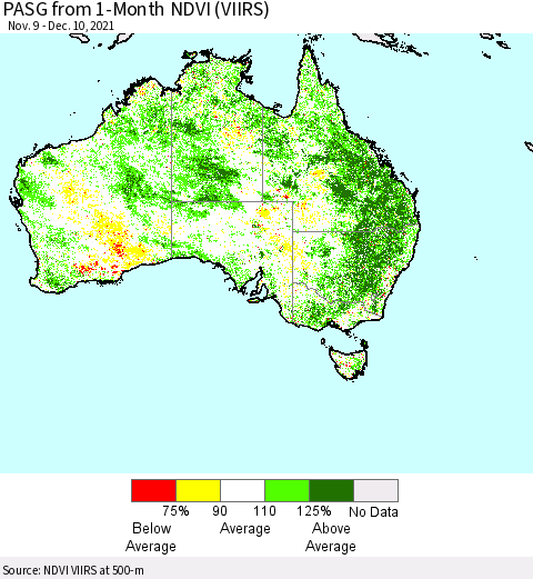 Australia PASG from 1-Month NDVI (VIIRS) Thematic Map For 12/3/2021 - 12/10/2021