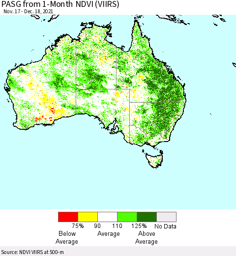 Australia PASG from 1-Month NDVI (VIIRS) Thematic Map For 12/11/2021 - 12/18/2021