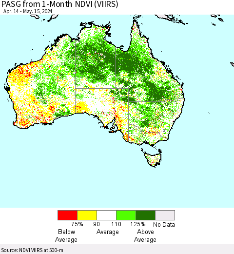 Australia PASG from 1-Month NDVI (VIIRS) Thematic Map For 5/8/2024 - 5/15/2024