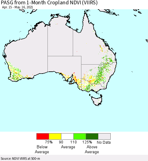 Australia PASG from 1-Month Cropland NDVI (VIIRS) Thematic Map For 5/9/2021 - 5/16/2021