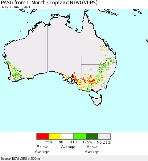 Australia PASG from 1-Month Cropland NDVI (VIIRS) Thematic Map For 5/25/2021 - 6/1/2021