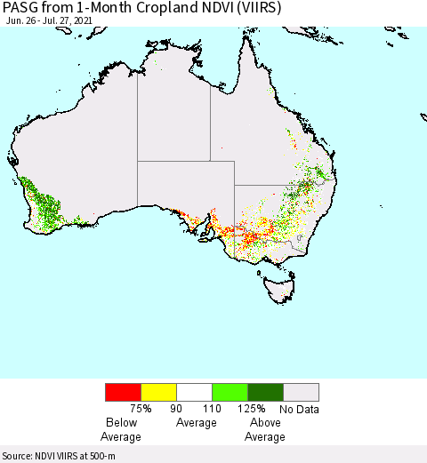 Australia PASG from 1-Month Cropland NDVI (VIIRS) Thematic Map For 7/20/2021 - 7/27/2021