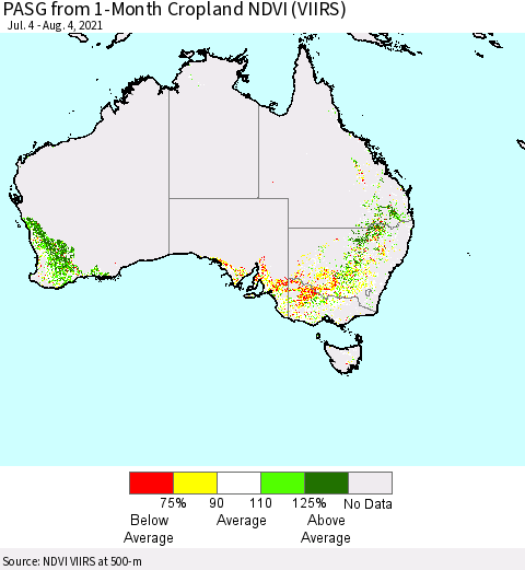 Australia PASG from 1-Month Cropland NDVI (VIIRS) Thematic Map For 7/28/2021 - 8/4/2021