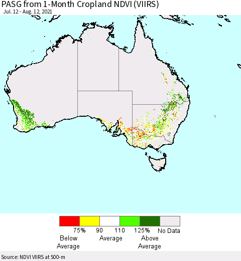 Australia PASG from 1-Month Cropland NDVI (VIIRS) Thematic Map For 8/5/2021 - 8/12/2021