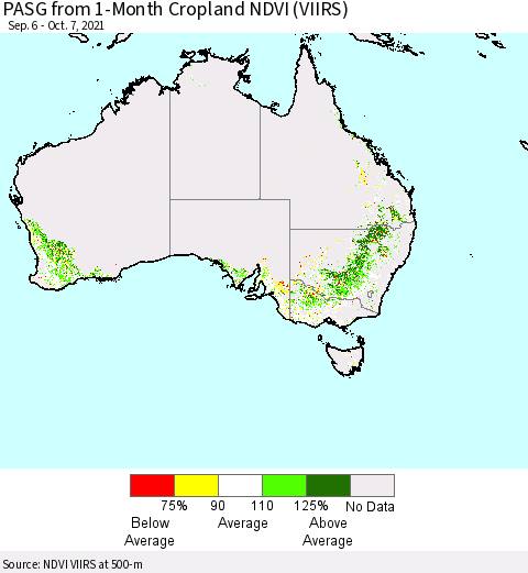 Australia PASG from 1-Month Cropland NDVI (VIIRS) Thematic Map For 9/30/2021 - 10/7/2021