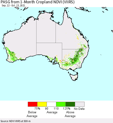 Australia PASG from 1-Month Cropland NDVI (VIIRS) Thematic Map For 10/16/2021 - 10/23/2021