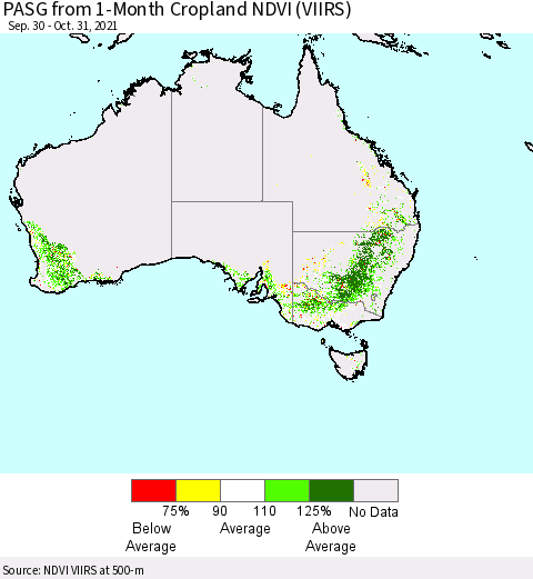 Australia PASG from 1-Month Cropland NDVI (VIIRS) Thematic Map For 10/24/2021 - 10/31/2021
