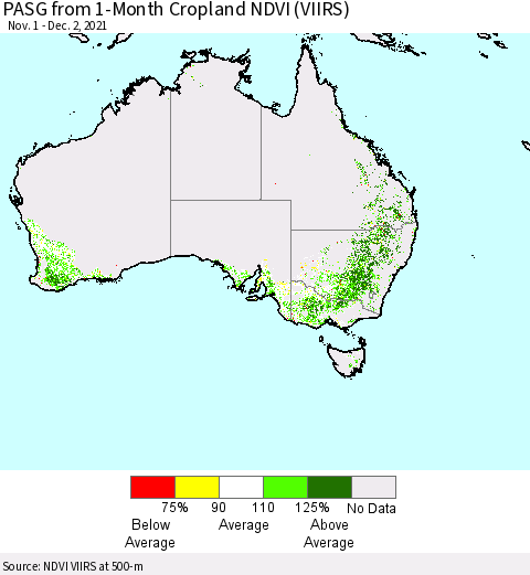 Australia PASG from 1-Month Cropland NDVI (VIIRS) Thematic Map For 11/25/2021 - 12/2/2021