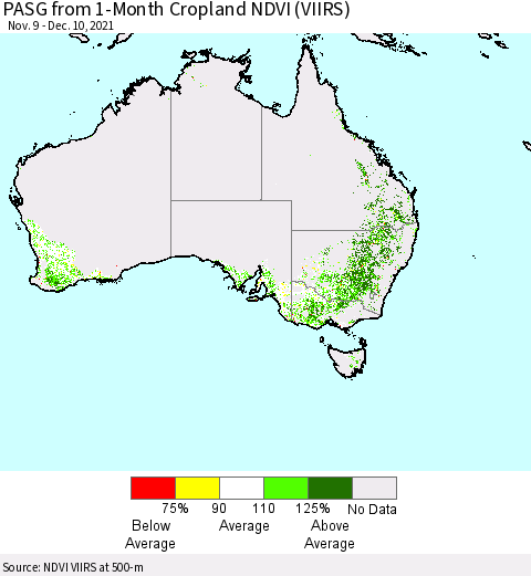 Australia PASG from 1-Month Cropland NDVI (VIIRS) Thematic Map For 12/3/2021 - 12/10/2021