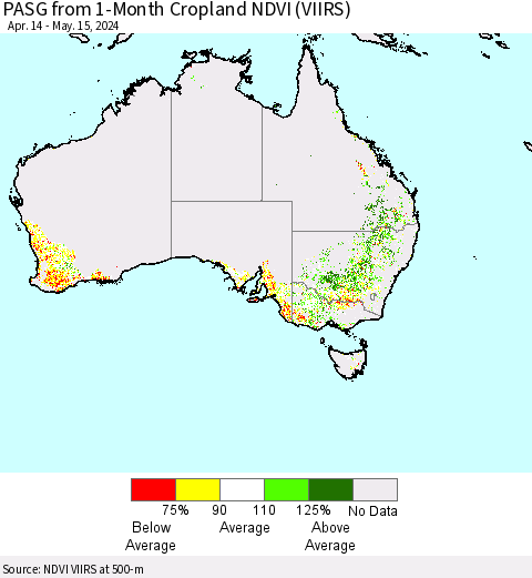 Australia PASG from 1-Month Cropland NDVI (VIIRS) Thematic Map For 5/8/2024 - 5/15/2024