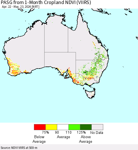 Australia PASG from 1-Month Cropland NDVI (VIIRS) Thematic Map For 5/16/2024 - 5/23/2024