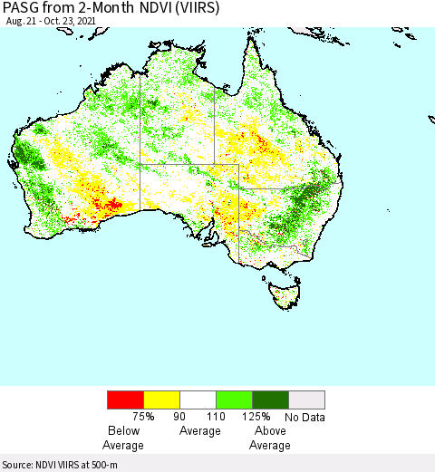 Australia PASG from 2-Month NDVI (VIIRS) Thematic Map For 10/16/2021 - 10/23/2021