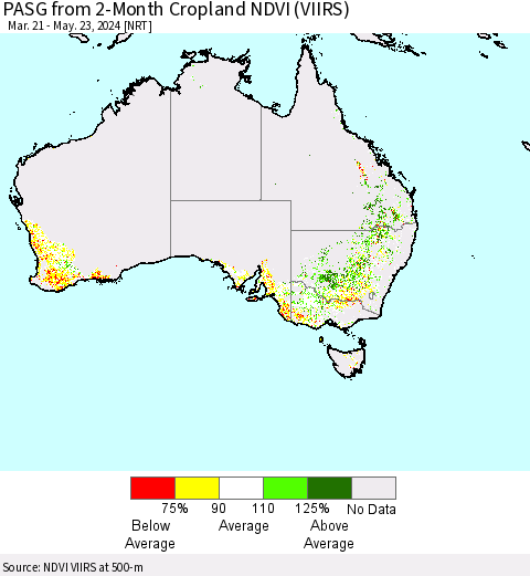 Australia PASG from 2-Month Cropland NDVI (VIIRS) Thematic Map For 5/16/2024 - 5/23/2024