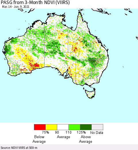 Australia PASG from 3-Month NDVI (VIIRS) Thematic Map For 6/2/2021 - 6/9/2021