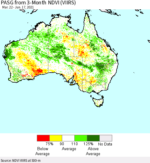 Australia PASG from 3-Month NDVI (VIIRS) Thematic Map For 6/10/2021 - 6/17/2021