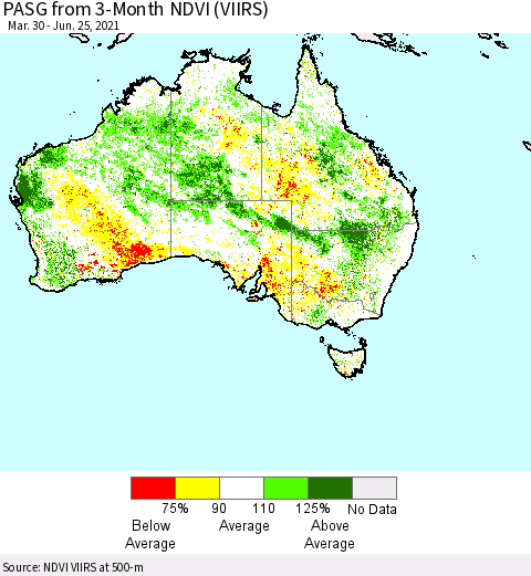 Australia PASG from 3-Month NDVI (VIIRS) Thematic Map For 6/18/2021 - 6/25/2021