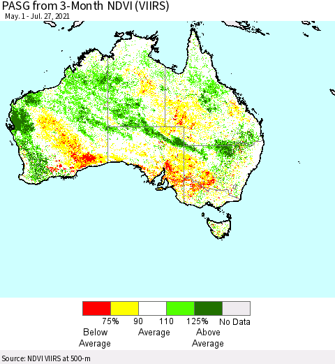 Australia PASG from 3-Month NDVI (VIIRS) Thematic Map For 7/20/2021 - 7/27/2021