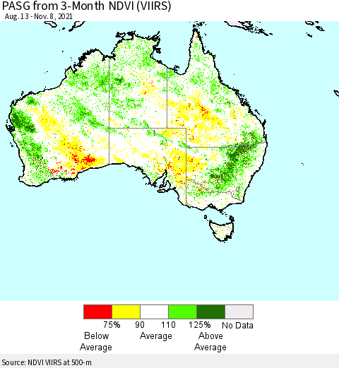 Australia PASG from 3-Month NDVI (VIIRS) Thematic Map For 11/1/2021 - 11/8/2021