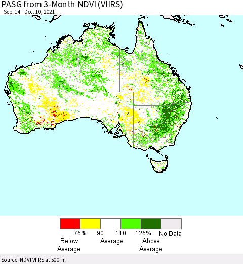 Australia PASG from 3-Month NDVI (VIIRS) Thematic Map For 12/3/2021 - 12/10/2021