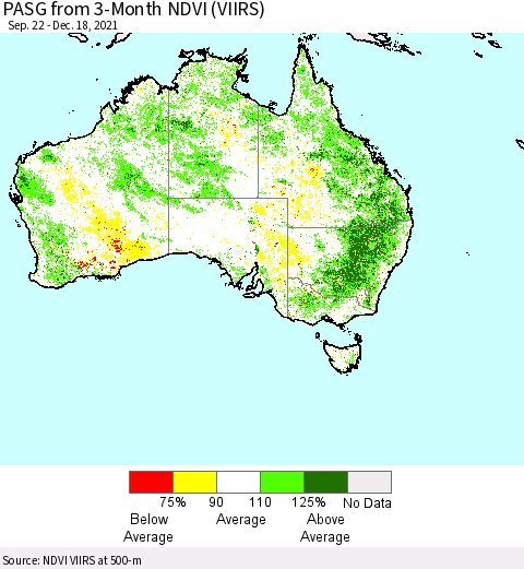 Australia PASG from 3-Month NDVI (VIIRS) Thematic Map For 12/11/2021 - 12/18/2021