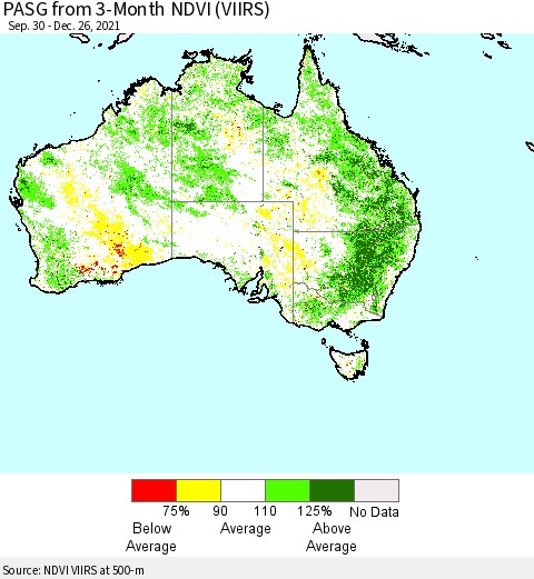 Australia PASG from 3-Month NDVI (VIIRS) Thematic Map For 12/19/2021 - 12/26/2021