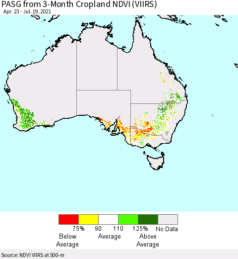 Australia PASG from 3-Month Cropland NDVI (VIIRS) Thematic Map For 7/12/2021 - 7/19/2021