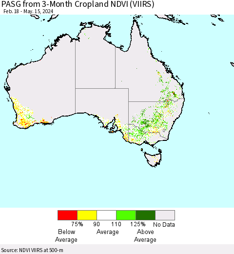 Australia PASG from 3-Month Cropland NDVI (VIIRS) Thematic Map For 5/8/2024 - 5/15/2024