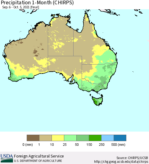 Australia Precipitation 1-Month (CHIRPS) Thematic Map For 9/6/2021 - 10/5/2021