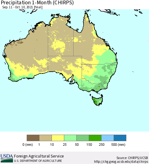 Australia Precipitation 1-Month (CHIRPS) Thematic Map For 9/11/2021 - 10/10/2021