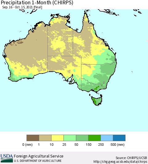 Australia Precipitation 1-Month (CHIRPS) Thematic Map For 9/16/2021 - 10/15/2021