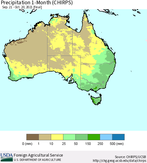 Australia Precipitation 1-Month (CHIRPS) Thematic Map For 9/21/2021 - 10/20/2021
